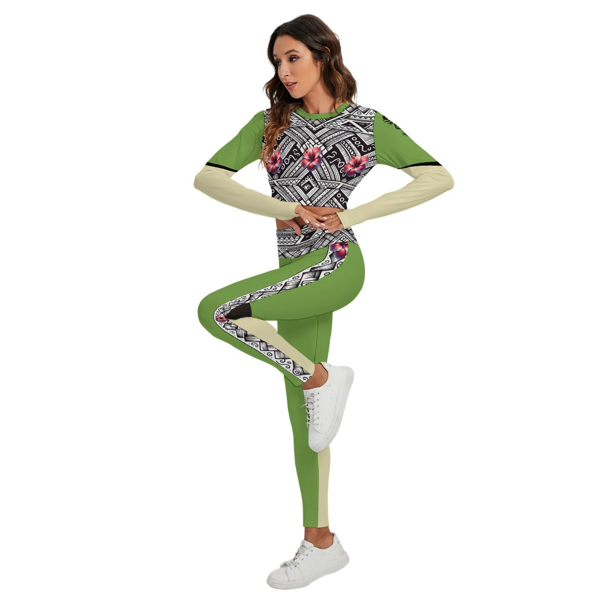 Tribal Bloom Activewear Set – Lime Green & Sand Filipina-Inspired Crop Top & Leggings
