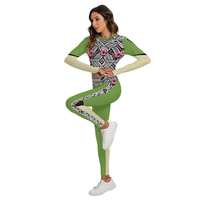 Tribal Bloom Activewear Set – Lime Green & Sand Filipina-Inspired Crop Top & Leggings
