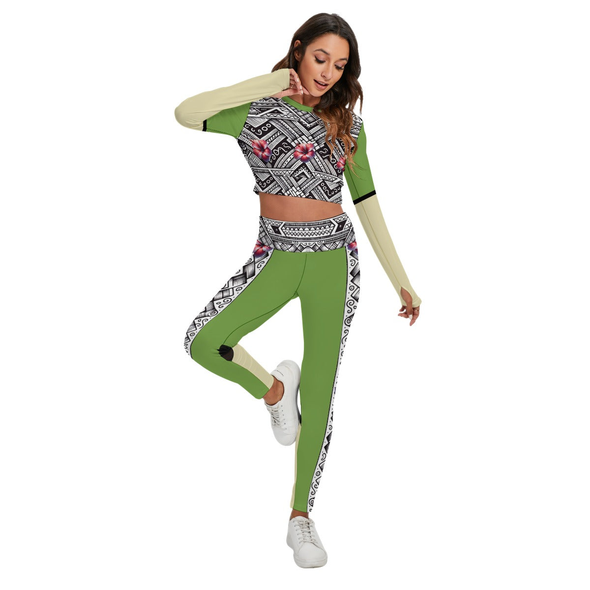 Tribal Bloom Activewear Set – Lime Green & Sand Filipina-Inspired Crop Top & Leggings