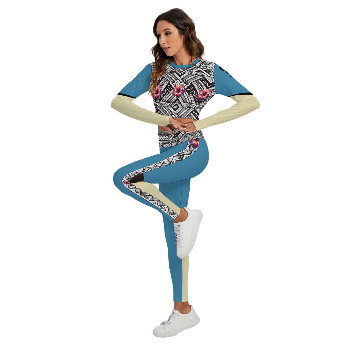 Tribal Bloom Activewear Set – Teal & Sand Filipina-Inspired Crop Top & Leggings