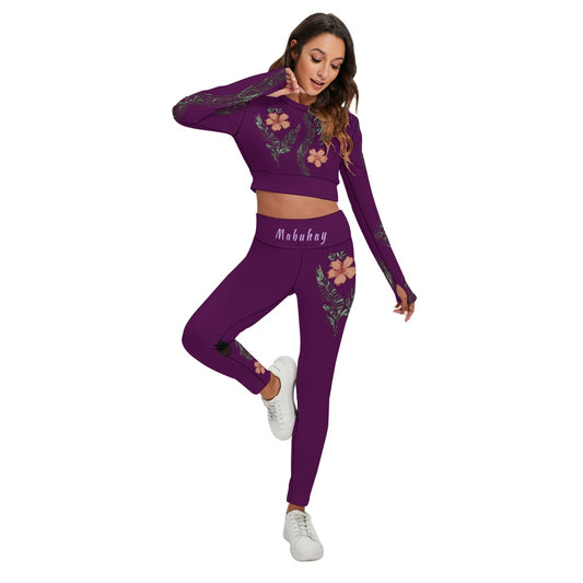 Mabuhay Floral Activewear Set – Plum Purple Filipina-Inspired Long Sleeve Crop Top & Leggings