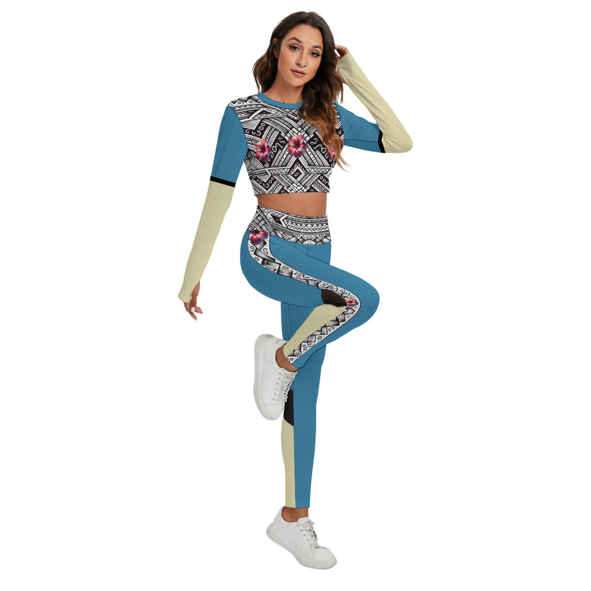 Tribal Bloom Activewear Set – Teal & Sand Filipina-Inspired Crop Top & Leggings