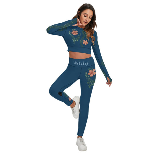 Mabuhay Floral Activewear Set – Teal Blue Filipina-Inspired Long Sleeve Crop Top & Leggings