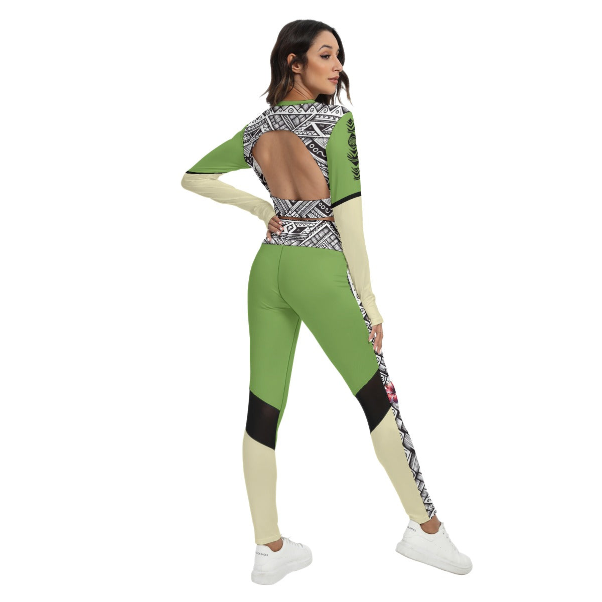 Tribal Bloom Activewear Set – Lime Green & Sand Filipina-Inspired Crop Top & Leggings